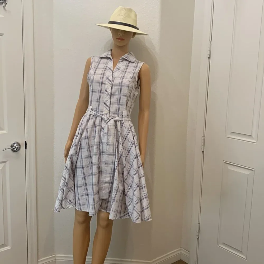 Ambiance Apparel Medium Fit & Flare Button Front Sleeveless Plaid Belted Dress - Picture 2 of 11